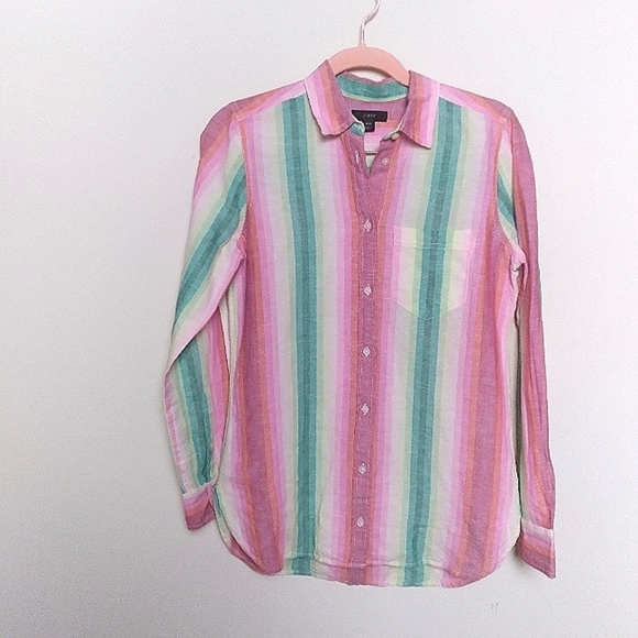 J. Crew Classic Fit Boyfriend Button Front Linen Blend Shirt in Rainbow Stripe - Picture 2 of 11